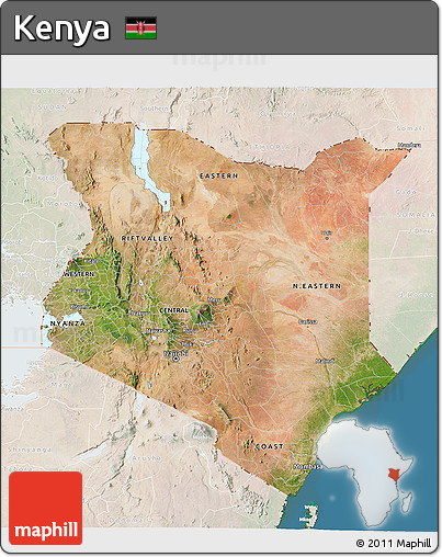 Satellite 3D Map of Kenya, lighten, land only