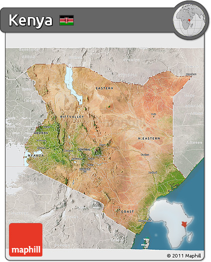 Satellite 3D Map of Kenya, lighten, semi-desaturated, land only