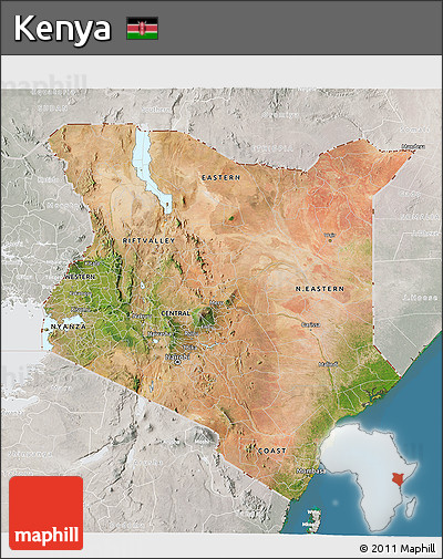 Satellite 3D Map of Kenya, lighten, semi-desaturated, land only