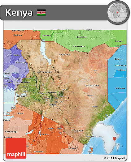 Satellite 3D Map of Kenya, political shades outside