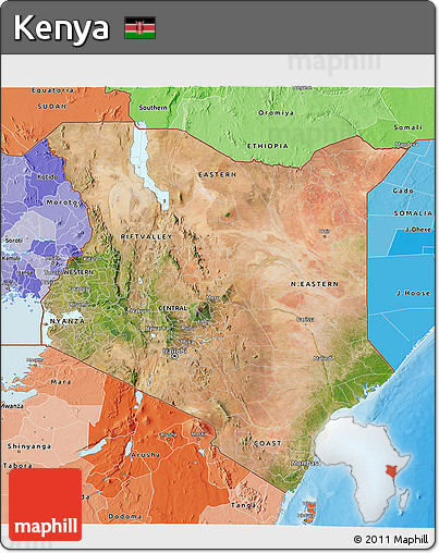 Satellite 3D Map of Kenya, political shades outside