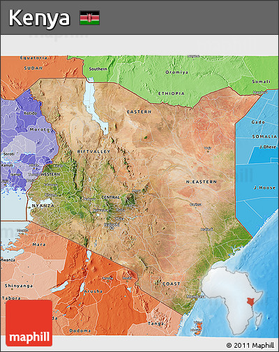 Satellite 3D Map of Kenya, political shades outside