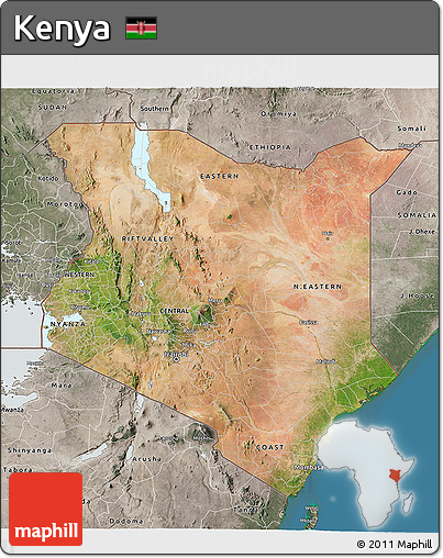 Satellite 3D Map of Kenya, semi-desaturated, land only