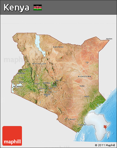 Satellite 3D Map of Kenya, single color outside, shaded relief sea