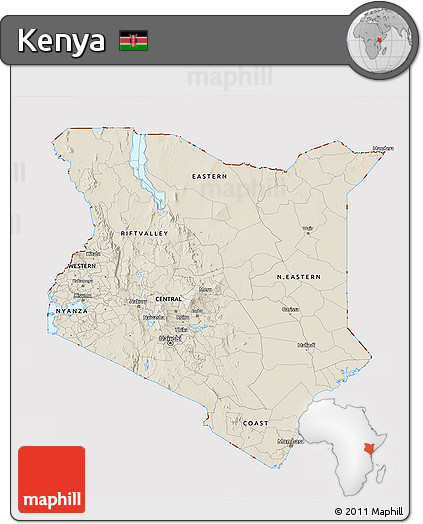 Shaded Relief 3D Map of Kenya, cropped outside