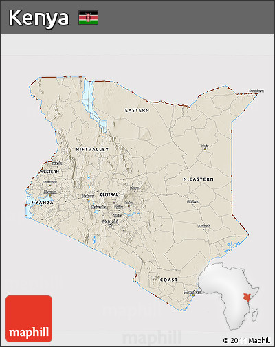 Shaded Relief 3D Map of Kenya, cropped outside