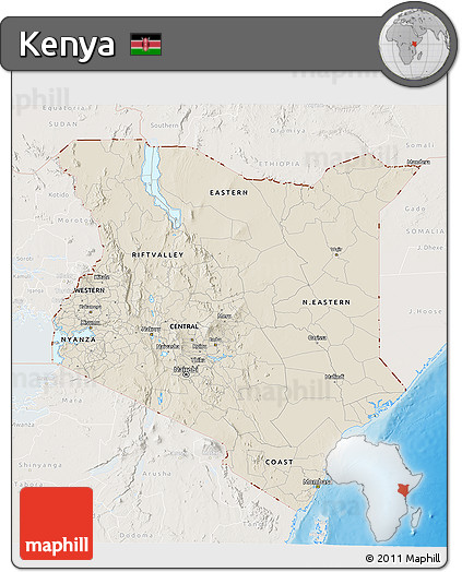 Shaded Relief 3D Map of Kenya, lighten, land only