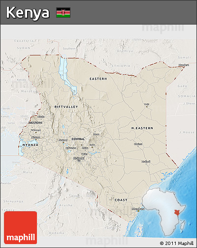 Shaded Relief 3D Map of Kenya, lighten, land only