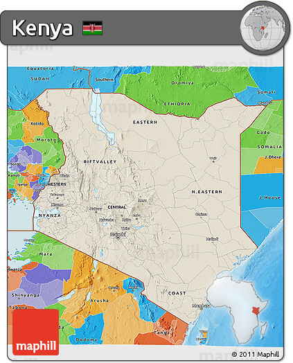Shaded Relief 3D Map of Kenya, political outside