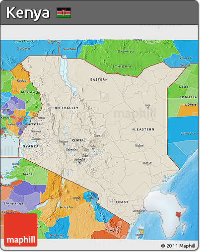 Shaded Relief 3D Map of Kenya, political outside