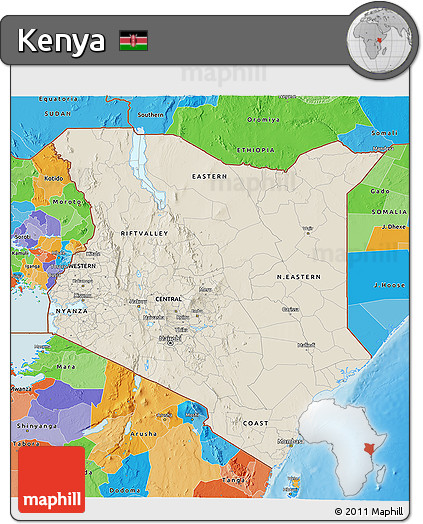 Shaded Relief 3D Map of Kenya, political outside, shaded relief sea