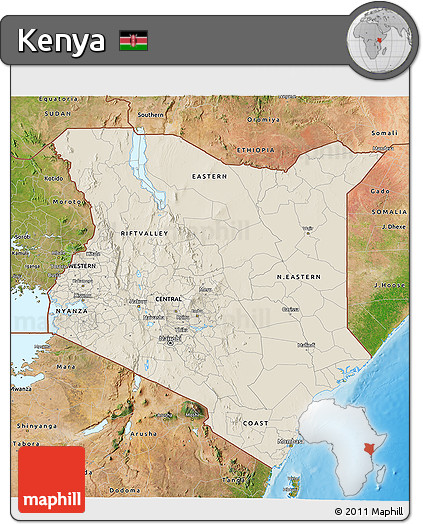 Shaded Relief 3D Map of Kenya, satellite outside, shaded relief sea