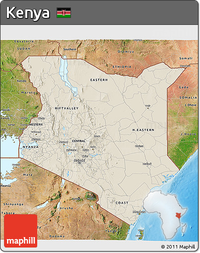 Shaded Relief 3D Map of Kenya, satellite outside, shaded relief sea