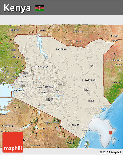 Shaded Relief 3D Map of Kenya, satellite outside, shaded relief sea