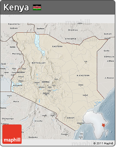 Shaded Relief 3D Map of Kenya, semi-desaturated