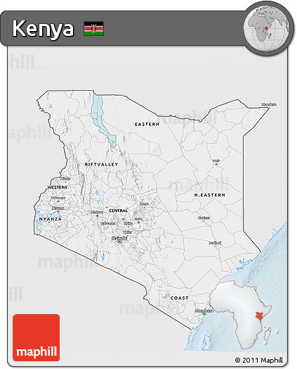 Silver Style 3D Map of Kenya, single color outside