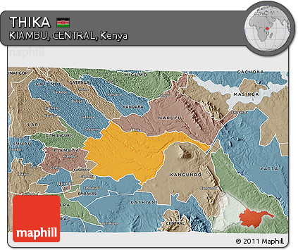 Political 3D Map of THIKA, semi-desaturated