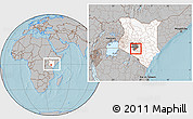 Gray Location Map of THIKA, highlighted country, highlighted grandparent region, within the entire country, hill shading