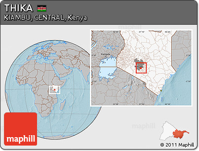 Gray Location Map of THIKA, highlighted country, highlighted grandparent region, hill shading