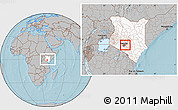 Gray Location Map of THIKA, highlighted country, highlighted parent region, within the entire country, hill shading