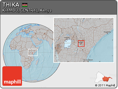 Gray Location Map of THIKA, highlighted parent region, within the entire country, hill shading