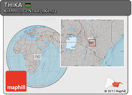 Gray Location Map of THIKA, highlighted parent region, highlighted grandparent region, hill shading