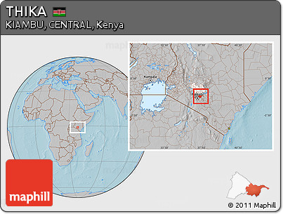 Gray Location Map of THIKA, highlighted parent region, highlighted grandparent region, hill shading
