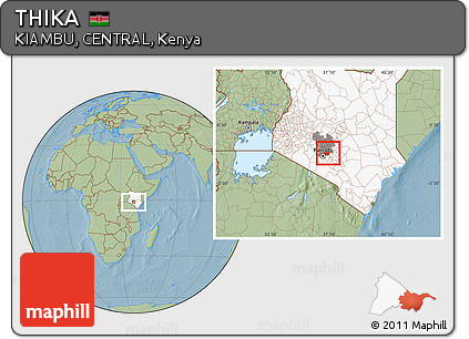 Savanna Style Location Map of THIKA, highlighted country, highlighted grandparent region, hill shading