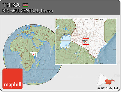 Savanna Style Location Map of THIKA, highlighted country, highlighted parent region, hill shading