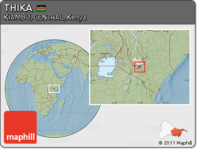 Savanna Style Location Map of THIKA, highlighted grandparent region, hill shading