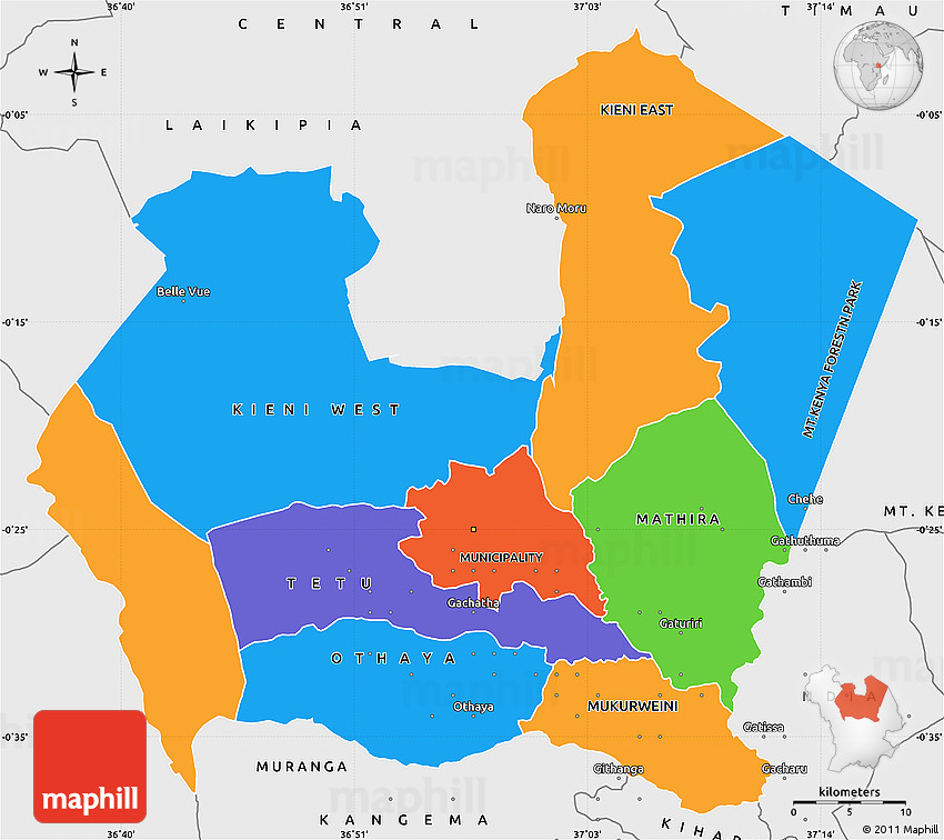 Political Simple Map of NYERI, single color outside, borders and labels