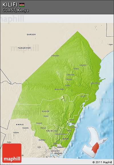 Physical 3D Map of KILIFI, shaded relief outside