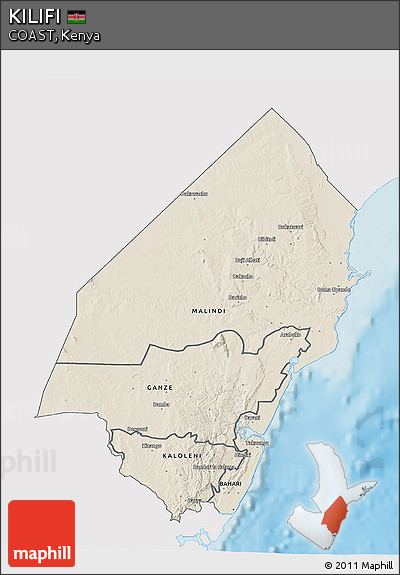 Shaded Relief 3D Map of KILIFI, single color outside