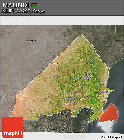Satellite 3D Map of MALINDI, darken, semi-desaturated