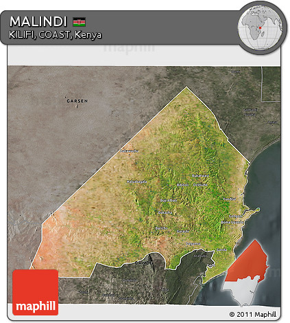 Satellite 3D Map of MALINDI, darken, semi-desaturated