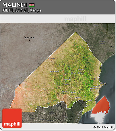 Satellite 3D Map of MALINDI, darken, semi-desaturated