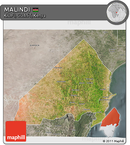 Satellite 3D Map of MALINDI, semi-desaturated