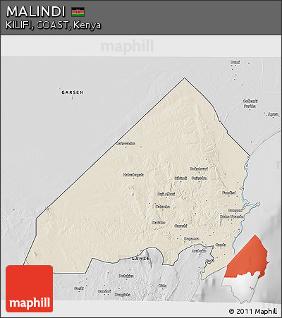 Shaded Relief 3D Map of MALINDI, desaturated