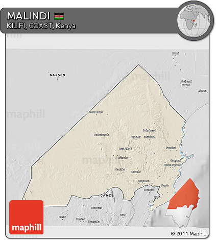 Shaded Relief 3D Map of MALINDI, desaturated