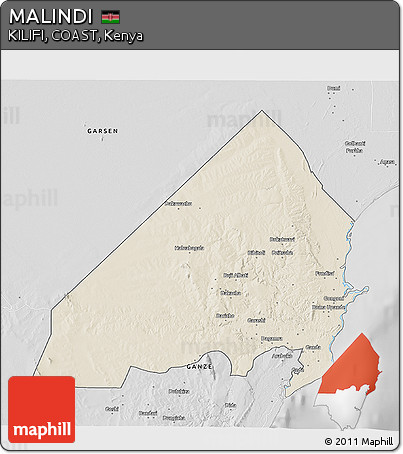 Shaded Relief 3D Map of MALINDI, desaturated