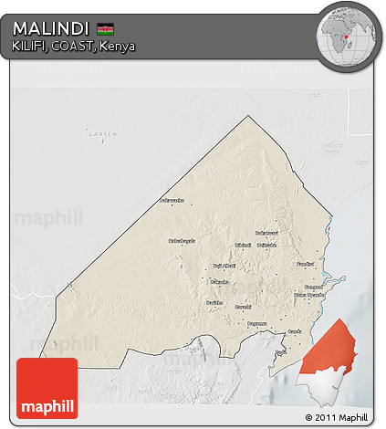 Shaded Relief 3D Map of MALINDI, lighten, semi-desaturated