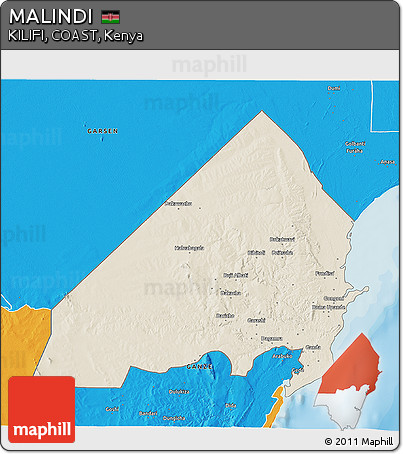 Shaded Relief 3D Map of MALINDI, political outside
