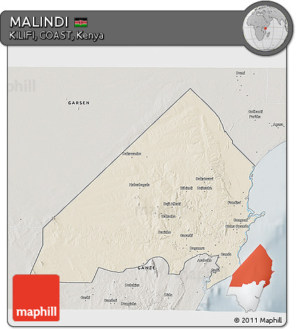 Shaded Relief 3D Map of MALINDI, semi-desaturated