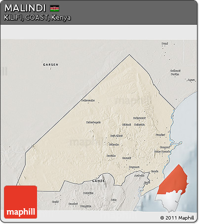 Shaded Relief 3D Map of MALINDI, semi-desaturated