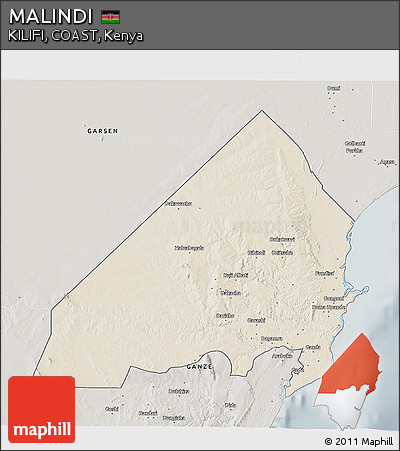 Shaded Relief 3D Map of MALINDI, semi-desaturated
