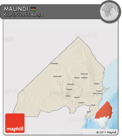 Shaded Relief 3D Map of MALINDI, single color outside