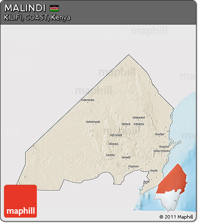 Shaded Relief 3D Map of MALINDI, single color outside
