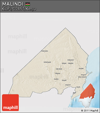 Shaded Relief 3D Map of MALINDI, single color outside
