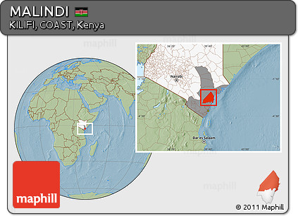 Savanna Style Location Map of MALINDI, highlighted country, highlighted grandparent region, hill shading