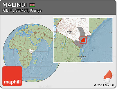 Savanna Style Location Map of MALINDI, highlighted country, highlighted grandparent region, hill shading